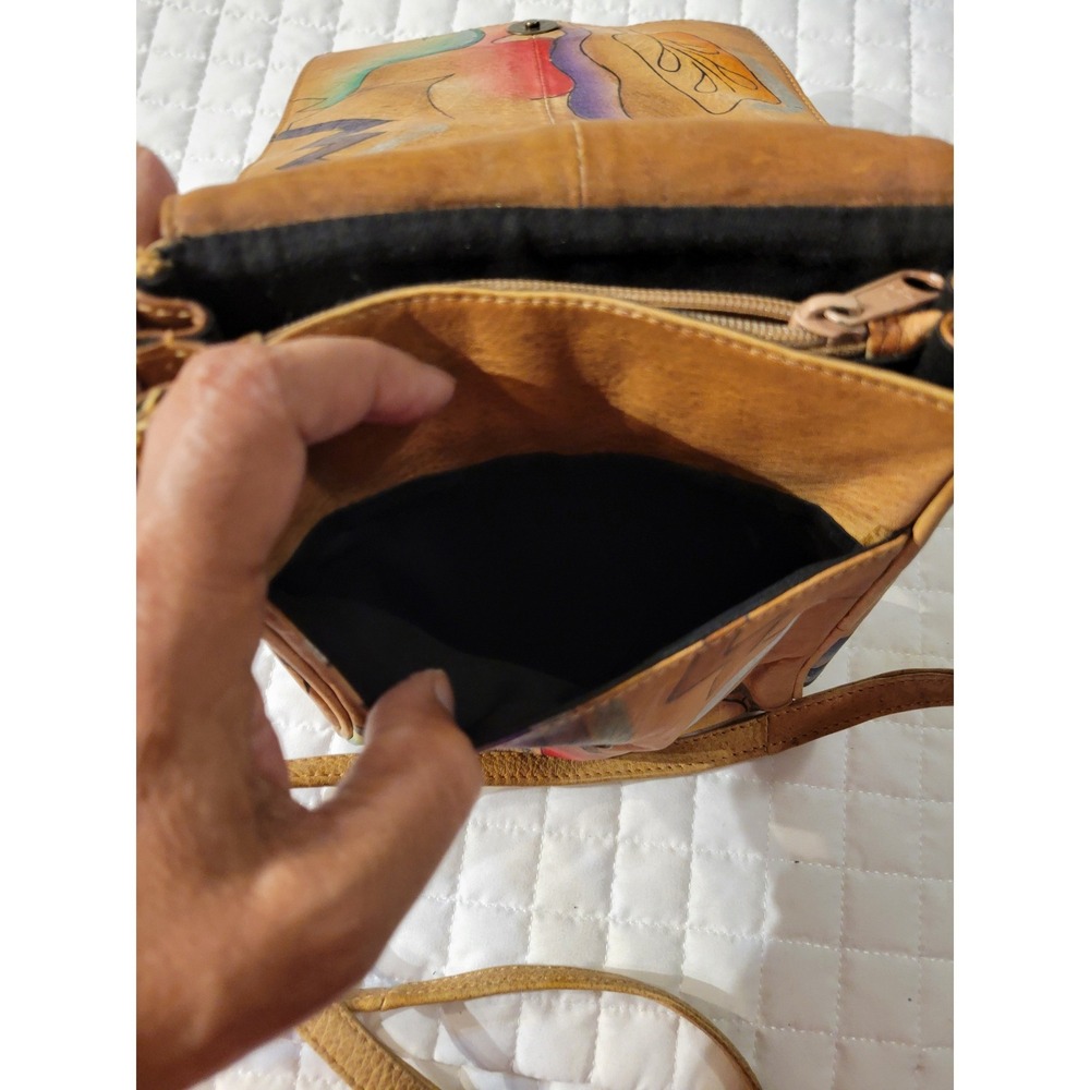 VTG Unique Hand Painted Abstract Art Leather‎ Crossbody Purse Tan Strap 70s 80s - Picture 5 of 10